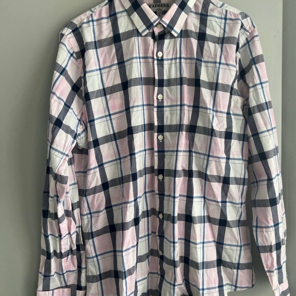 Express Kids Pink and Navy Plaid Button Down Shirt